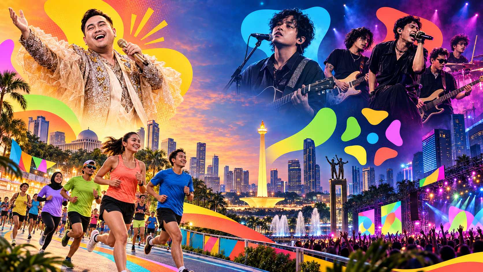 Perayaan Jakarta dengan pelari, musisi, panggung festival, dan Monas